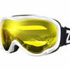 Picture of ZIONOR Lagopus Ski Snowboard Goggles UV Protection Anti fog Snow Goggles for Men Women Youth VLT 86% White Frame Clear Yellow Lens