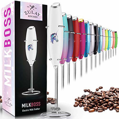 Picture of Zulay Original Milk Frother Handheld Foam Maker for Lattes - Whisk Drink Mixer for Coffee, Mini Foamer for Cappuccino, Frappe, Matcha, Hot Chocolate by Milk Boss (Unicorn - White)