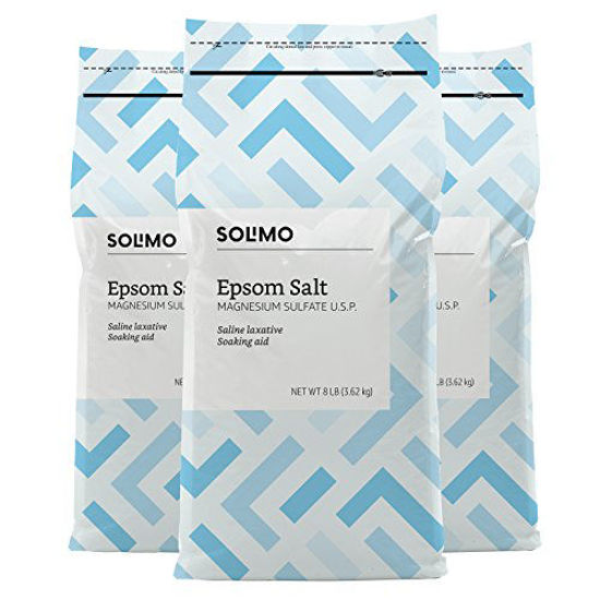 Picture of Amazon Brand - Solimo Epsom Salt Soak, Magnesium Sulfate USP, 8 Pound, 128 oz, Pack of 3