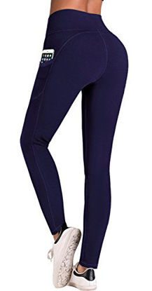 Picture of IUGA High Waist Yoga Pants with Pockets, Tummy Control, Workout Pants for Women 4 Way Stretch Yoga Leggings with Pockets (Navy Blue, Medium)