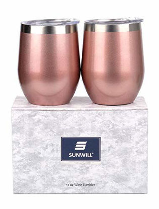 Picture of SUNWILL Insulated Wine Tumbler with Lid Rose Gold 2 pack, Double Wall Stainless Steel Stemless Insulated Wine Glass 12oz, Durable Insulated Coffee Mug, for Champaign, Cocktail, Beer, Office