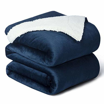 Picture of Bedsure Sherpa Fleece Blanket King Size(Not Electrical) Navy Blue Plush Blanket Fuzzy Soft Blanket Microfiber