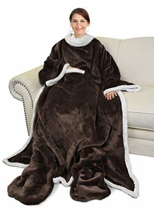 Picture of Catalonia Sherpa Wearable Blanket with Sleeves & Foot Pockets for Adult Women Men,Comfy Snuggle Wrap Sleeved Throw Blanket Robe,Gift Idea,Brown