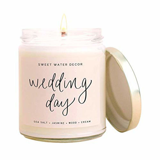 Picture of Sweet Water Decor, Wedding Day, Sea Salt, Jasmine, Cream, and Wood Scented Soy Wax Candle for Home | 9oz Clear Glass Jar, 40 Hour Burn Time, Made in the USA