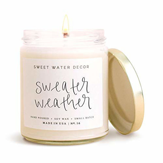 Picture of Sweet Water Decor Sweater Weather Candle | Woods, Warm Spice, and Citrus Autumn Scented Soy Wax Candle for Home | 9oz Clear Glass Jar, 40 Hour Burn Time, Made in the USA