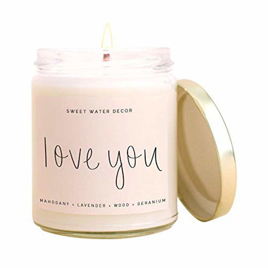 Picture of Sweet Water Decor, Love You Candle | Mahogany Teakwood Scented Soy Wax Candle for Home | Valentine's Day Gifts | 9oz Clear Glass Jar, 40 Hour Burn Time