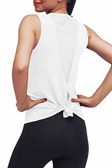 Picture of Mippo Summer Workout Tops for Women Summer Open Back Yoga Shirts Cute Fitness Workout Tank Stretchy Sports Gym Winter Clothes Tie Back Running Racerback Tank Tops with Mesh White XS