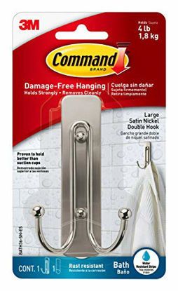 Picture of Command Large Double Bath Hook, Satin Nickel, 1-Hook, 1-Large Water-Resistant Strip, Organize Damage-Free
