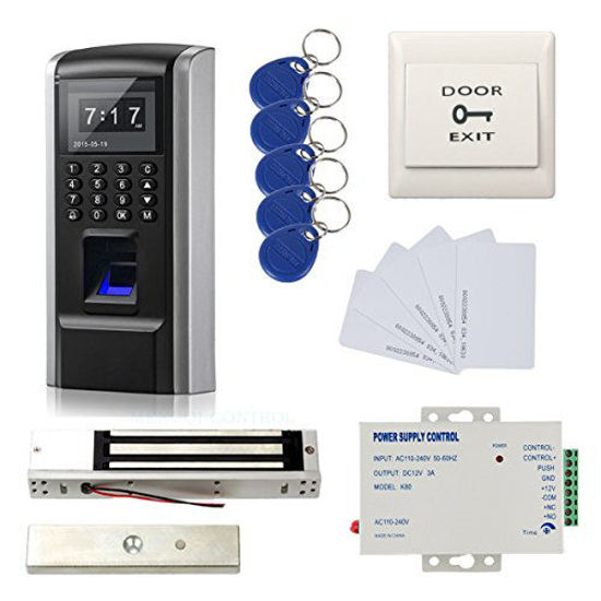 Picture of Full Kits Biometric Fingerprint RFID Password Access Control Systems + 600lbs Force Electric EM Magnetic Lock +110V Power Supply+10 Cards and Key Fobs