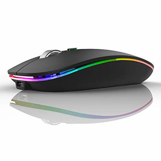 Picture of LED Wireless Mouse, Uiosmuph G12 Slim Rechargeable Wireless Silent Mouse, 2.4G Portable USB Optical Wireless Computer Mice with USB Receiver and Type C Adapter (Matte Black)