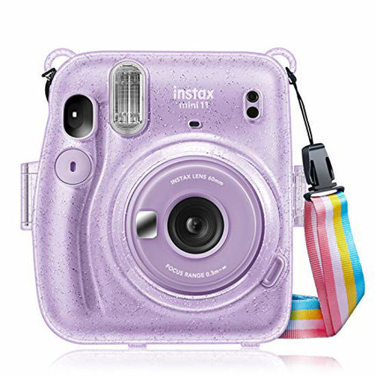 Picture of Fintie Protective Clear Case for Fujifilm Instax Mini 11 Instant Film Camera - Crystal Hard PVC Cover with Removable Rainbow Shoulder Strap, Glittering Purple