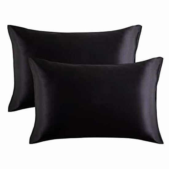 Picture of Bedsure Satin Pillowcase for Hair and Skin Silk Pillowcase 2 Pack - Queen Size (Black, 20x30 inches) Pillow Cases Set of 2 - Slip Cooling Satin Pillow Covers with Envelope Closure