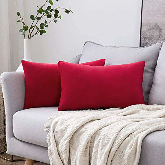 Picture of MIULEE Pack of 2 Velvet Pillow Covers Decorative Square Pillowcase Soft Solid Cushion Case for Decor Sofa Bedroom Car 12 x 20 Inch Red