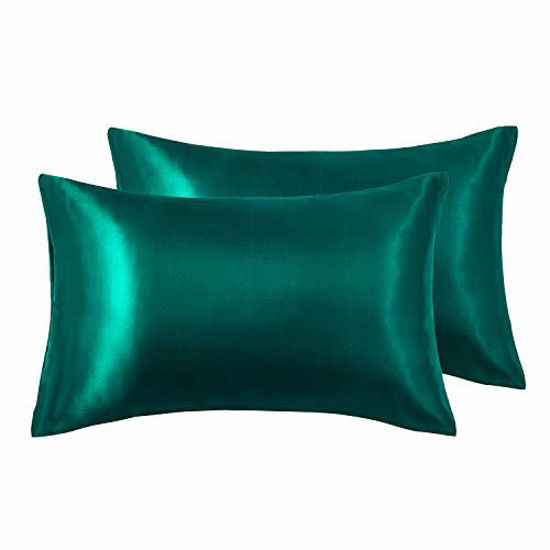 Picture of Love's cabin Silk Satin Pillowcase for Hair and Skin (Dark Green, 20x26 inches) Slip Pillow Cases Standard Size Set of 2 - Satin Cooling Pillow Covers with Envelope Closure