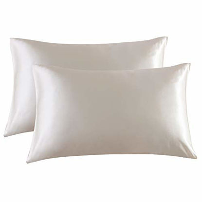 Picture of Bedsure Satin Pillowcase for Hair and Skin, 2-Pack - Standard Size (20x26 inches) Pillow Cases - Satin Pillow Covers with Envelope Closure, Beige