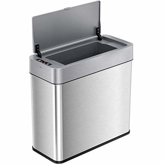 Picture of iTouchless 4 Gallon Sensor Trash Can with AbsorbX Odor Control System, Lid Opens Left, 15 Liter Slim Stainless Steel Automatic Wastebasket, Space-Saving Bin for Bathroom, Kitchen, Office, Hotel