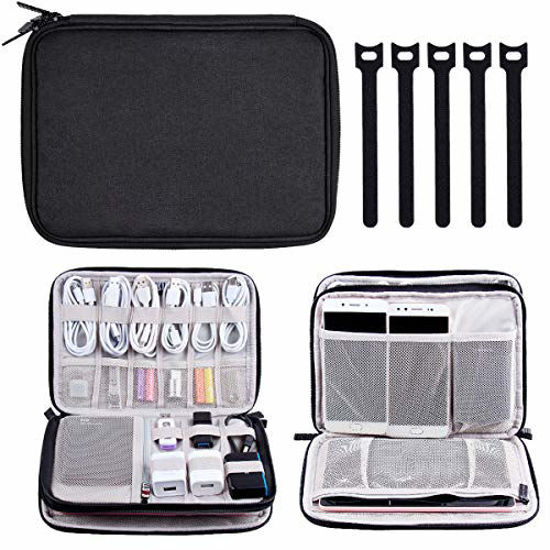 Picture of Electronics Organizer, Travel Cable Storage Bag Electronic Gadgets Accessories Case for Charging Cable, Cable Cord, Cell Phone, Hard Drives- Including 5 Pcs Reusable Fastening Cable Ties