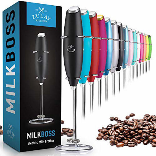 Picture of Zulay Original Milk Frother Handheld Foam Maker for Lattes - Whisk Drink Mixer for Coffee, Mini Foamer for Cappuccino, Frappe, Matcha, Hot Chocolate by Milk Boss (Black)