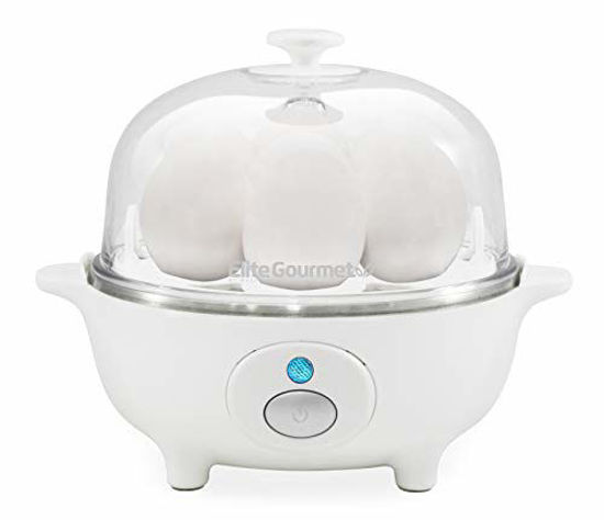 Picture of Elite Gourmet EGC-007 Easy Electric Poacher, Omelet Eggs & Soft, Medium, Hard-Boiled Egg Boiler Cooker with Auto Shut-Off and Buzzer, Measuring Cup Included, BPA Free, 7, White