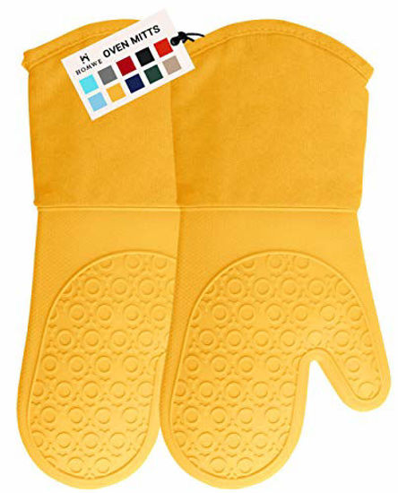 Picture of HOMWE Professional Silicone Oven Mitt, Oven Mitts with Quilted Liner, Heat Resistant Pot Holders, Flexible Oven Gloves, 1 Pair, 13.7 Inch, Yellow