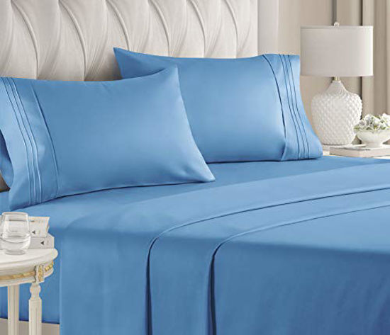 Picture of California King Size Sheet Set - 4 Piece - Hotel Luxury Bed - Extra Soft - Deep Pockets - Breathable & Cooling - Wrinkle Free - Comfy - Denim Blue Sheets - Cali Kings Sheets Denim Blue 4PC