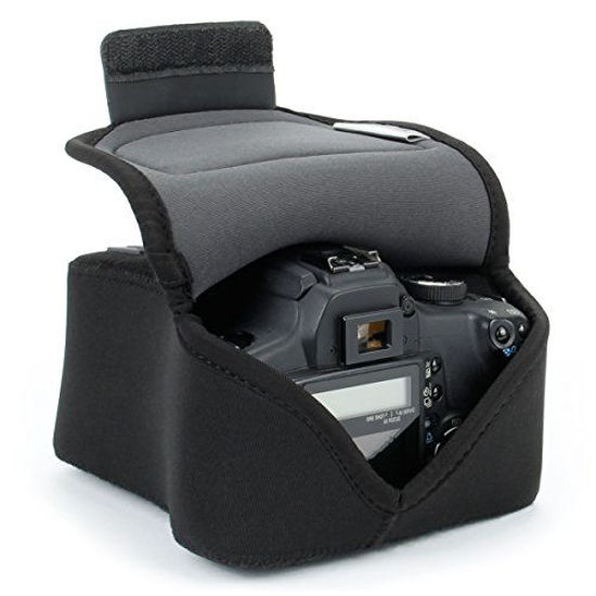 Picture of USA GEAR DSLR SLR Camera Sleeve Case (Black) with Neoprene Protection, Holster Belt Loop and Accessory Storage - Compatible With Nikon D3400, Canon EOS Rebel SL2, Pentax K-70 and Many More