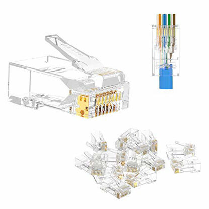 Picture of VCE 50-Pack CAT6 RJ45 Pass Through Modular Plugs, 3 Prong Gold Plated Ethernet 50u" EZ Crimp Connectors for Solid or Stranded UTP Cable, UL Listed