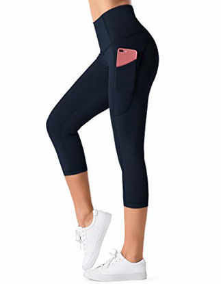 Picture of Dragon Fit High Waist Yoga Leggings with 3 Pockets,Tummy Control Workout Running 4 Way Stretch Yoga Pants (Medium, Capri29-Navy Blue)