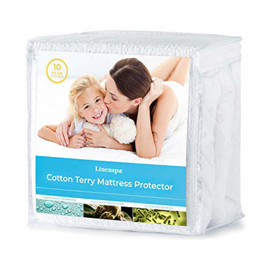 Picture of Linenspa Cotton Terry Mattress Top Protection-Hypoallergenic-Waterproof-Blocks Dust Mites, Allergens, Accidents Protector, Full, White