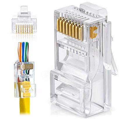 Picture of RJ45 Cat6 Pass Through Connectors Pack of 100, EZ Crimp Modular Data Plug for Network UTP Cat-6 Ethernet Cable