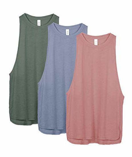 Picture of icyzone Workout Tank Tops for Women - Running Muscle Tank Sport Exercise Gym Yoga Tops Athletic Shirts(Pack of 3) (S, Dusty Pink/Country Blue/Smoke Pine)