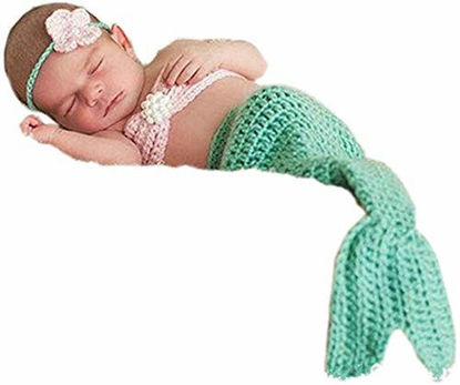 Picture of Pinbo Newborn Baby Photography Prop Crochet Mermaid Headband Bra Tail Light Blue