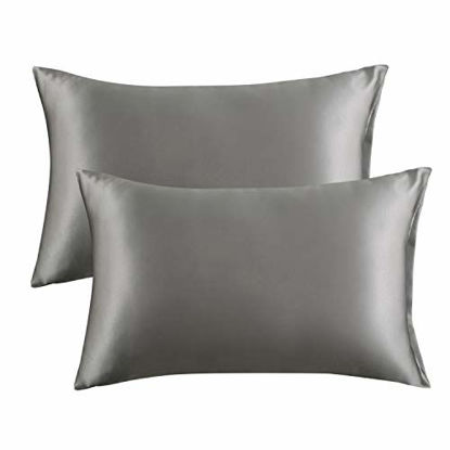 Picture of Bedsure Satin Pillowcase for Hair and Skin Silk Pillowcase 2 Pack , Queen Size (Dark Grey, 20x30 inches) Pillow Cases Set of 2 - Slip Cooling Satin Pillow Covers with Envelope Closure