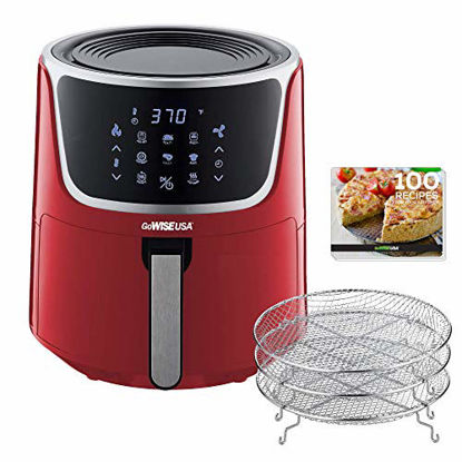 Picture of GoWISE USA GW22957 7-Quart Electric Air Fryer with Dehydrator & 3 Stackable Racks, Digital Touchscreen with 8 Functions + Recipes, 7.0-Qt, Red/Silver