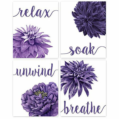 Picture of Relax Soak Unwind Breathe Purple Blend Bathroom Flower Prints, Set of 4 (8x10) Unframed Photos, Wall Art Decor Gifts Under 20 for Home, Office, College Student, Teacher, Floral & Yoga Fan