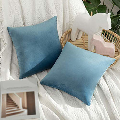 Picture of MIULEE Pack of 2 Velvet Pillow Covers Decorative Square Pillowcase Soft Solid Cushion Case for Sofa Bedroom Car 12 x 12 Inch Light Blue