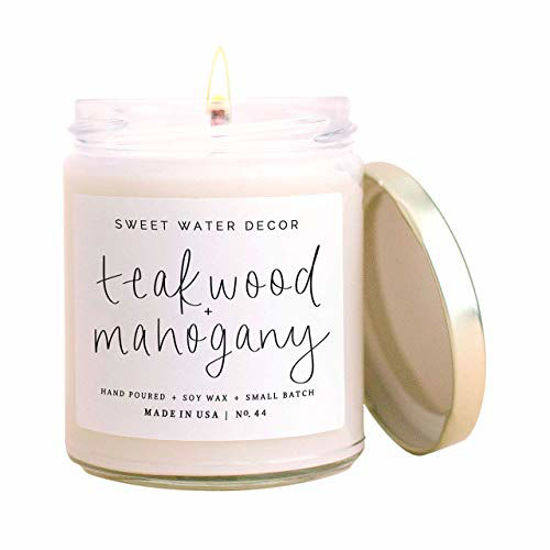 Picture of Sweet Water Decor Teakwood + Mahogany Candle | Lavender Geranium Wood Scented Soy Wax Candle for Home | Gifts for Women, Men, Housewarming | 9oz Clear Glass Jar, 40 Hour Burn Time