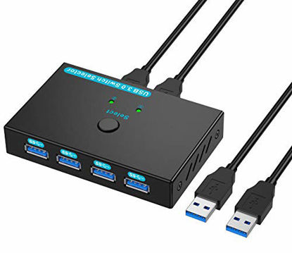 Picture of SGEYR USB 3.0 Switch Selector, Metal USB Switcher Box with 2 Computers Sharing 4 USB Devices KVM Switch Box for Printer, Mouse, Scanner, PCs with One-Button Swapping and 2 Pack USB Cables