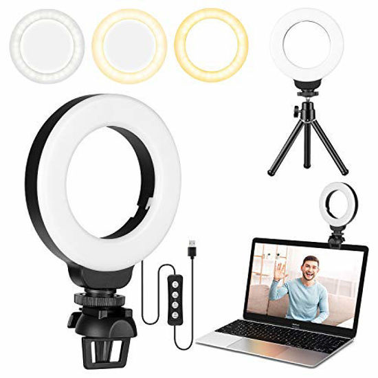Picture of FDKOBE 4'' Small Ring Light for Laptop/Computer with Clip and Tripod, Video Conference Lighting, Webcam Light with 3 Light Modes & 10 Brightness Levels, Selfie, Makeup, YouTube, TikTok