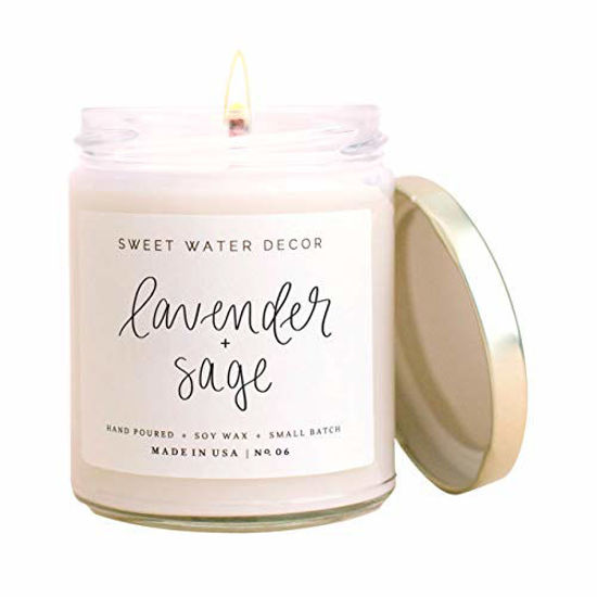Picture of Sweet Water Decor Lavender and Sage Scented Soy Wax Candle for Home | 9oz Clear Glass Jar, 40 Hour Burn Time, Made in the USA