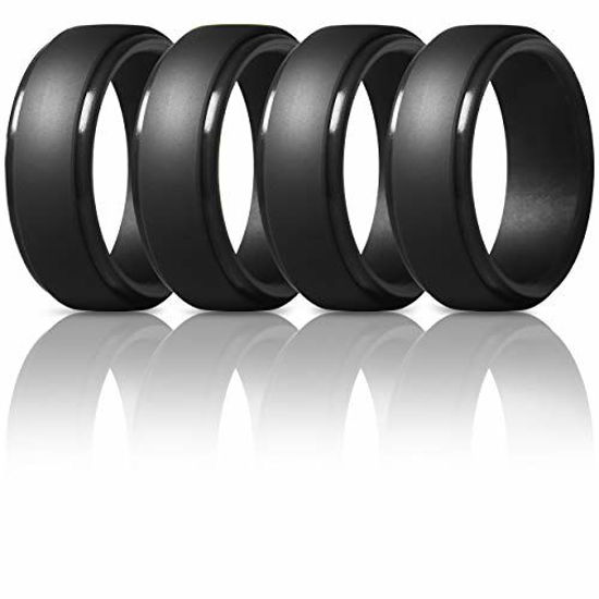 Picture of ThunderFit Silicone Rings for Men - 4 Rings Step Edge Rubber Wedding Bands 10mm Wide - 2.5mm Thick (4 Black Rings, 6.5-7 (17.3mm))