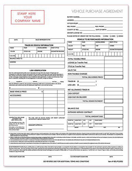 Picture of Used Vehicle Automotive Bill of Sale Purchase Agreement (3 Part)