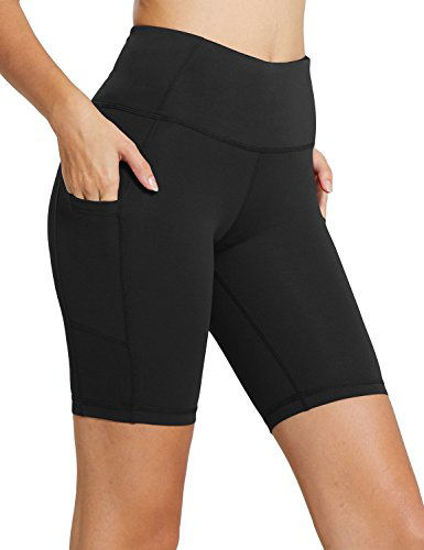 Picture of BALEAF Women's 8" High Waist Biker Workout Yoga Running Compression Exercise Shorts Side Pockets Black Size S