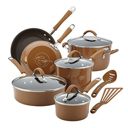 Picture of Rachael Ray Cucina Nonstick Cookware Pots and Pans Set, 12 Piece, Mushroom Brown