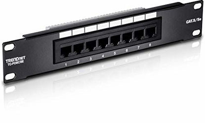 Picture of TRENDnet 8-Port Cat5/5e Unshielded Patch Panel, TC-P08C5E, Wallmount or Rackmount, 10 Inch Wide, 8 x Gigabit RJ-45 Ethernet Ports, 100 Mhz Connection, Color Coded Labeling, 110 IDC Terminal Blocks, black