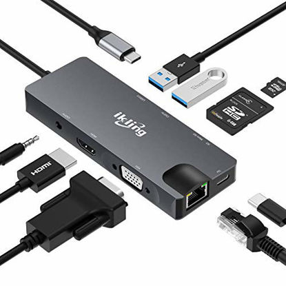 Picture of USB C Hub, 9-in-1 USB C Adapter with 4K USB C to HDMI,VGA, USB C Charging, 2 USB 3.0, SD/TF Card Reader, USB C to 3.5mm, Gigabit Ethernet, USB C Dock Compatible Apple MacBook Pro 13/15 (Thunderbolt 3)