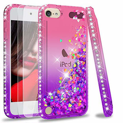 Picture of iPod Touch 7 Case, iPod Touch 6 Case, iPod Touch 5 Case with Tempered Glass Screen Protector [2 Pack] for Girls, LeYi Glitter Liquid Clear Phone Case for Apple iPod Touch 7th/ 6th/ 5th Gen Pink/Purple