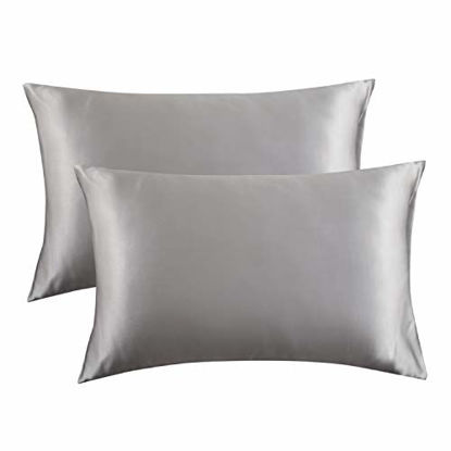 Picture of Bedsure Satin Pillowcase for Hair and Skin Silk Pillowcase 2 Pack, Queen Size(Silver Grey, 20x30 inches) Pillow Cases Set of 2 - Slip Cooling Satin Pillow Covers with Envelope Closure