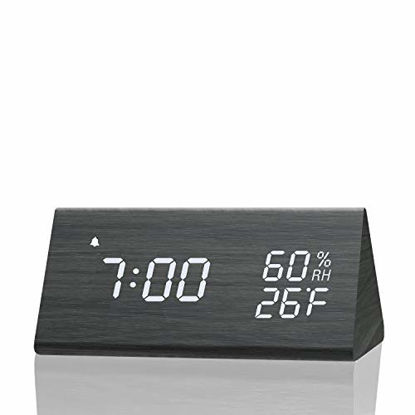 Picture of Digital Alarm Clock, with Wooden Electronic LED Time Display, 3 Alarm Settings, Humidity & Temperature Detect, Wood Made Electric Clocks for Bedroom, Bedside, Black