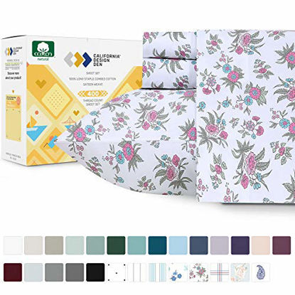 Picture of California Design Den 100% Natural Cotton Sheet Set - 400 Thread Count Queen Size Anthro Florals - Multicolor Printed Sheet Set, Soft & Sateen Weave 4 Piece Bedding Set, Deep Pockets Fit Mattress 16"